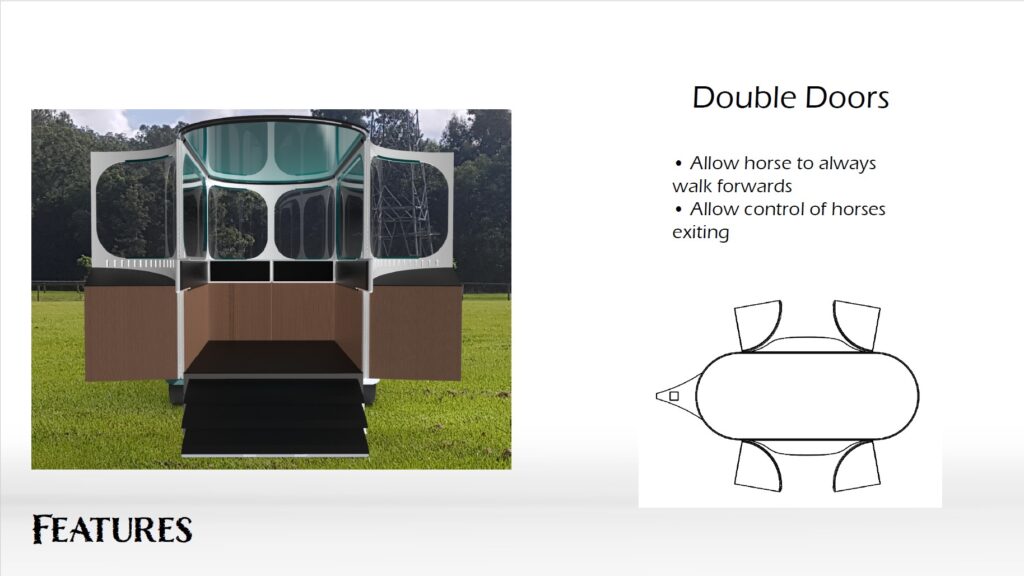 Double doors are featured at both ends. These allow the horse to always walk forwards: loading on through one set, rotating around then exiting through the other set. These can also be used to control when the horses come out.