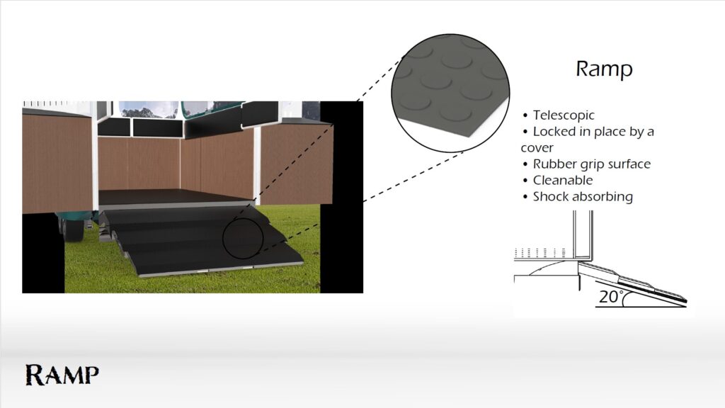 A telescopic ramp, stored at underneath the floor, gives the horses a gentle incline into the float. Rubber matting with raised nodules provides grip, especially during wet weather, and is easily cleanable.