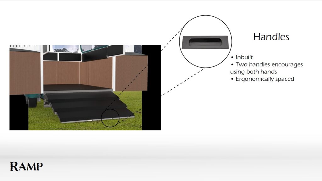 The ramp is easily pulled out, with each section on ball bearing runners. Two ergonomically placed, inbuilt handles encourages use of both hands.