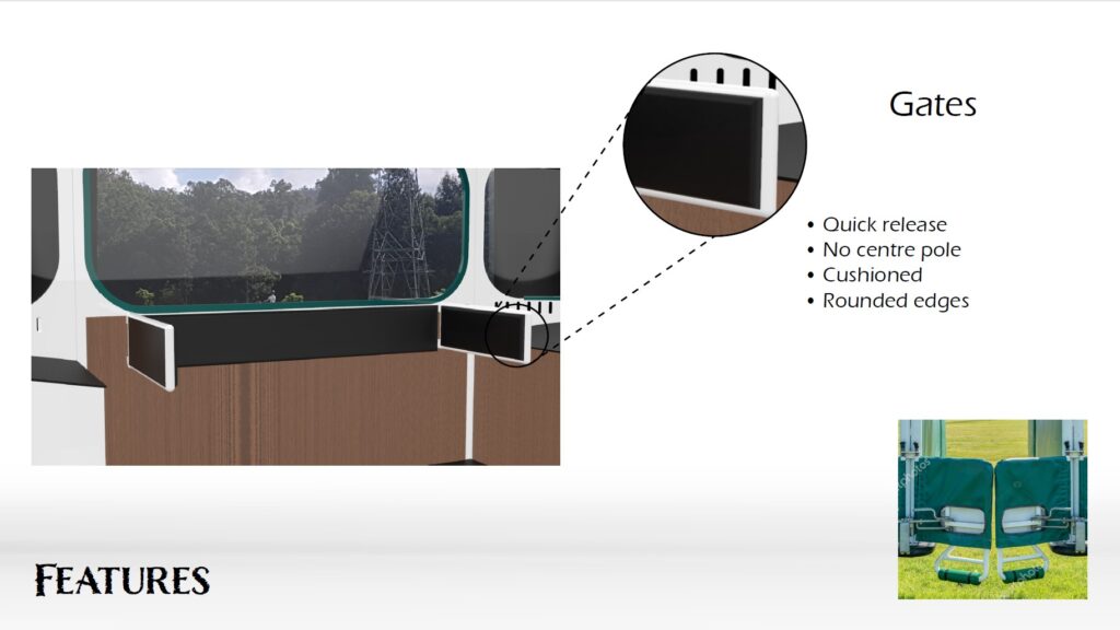 Once inside, the horses are secured using gates. These are optional as the horse will now be self-balancing, however have been included to encourage the horses to stay in the middle section, balancing the float and preventing leaning on the storage compartments. The gates are quick release, good in the case of an emergency, with rounded edges and cushioning incase the horse does lean against them.
