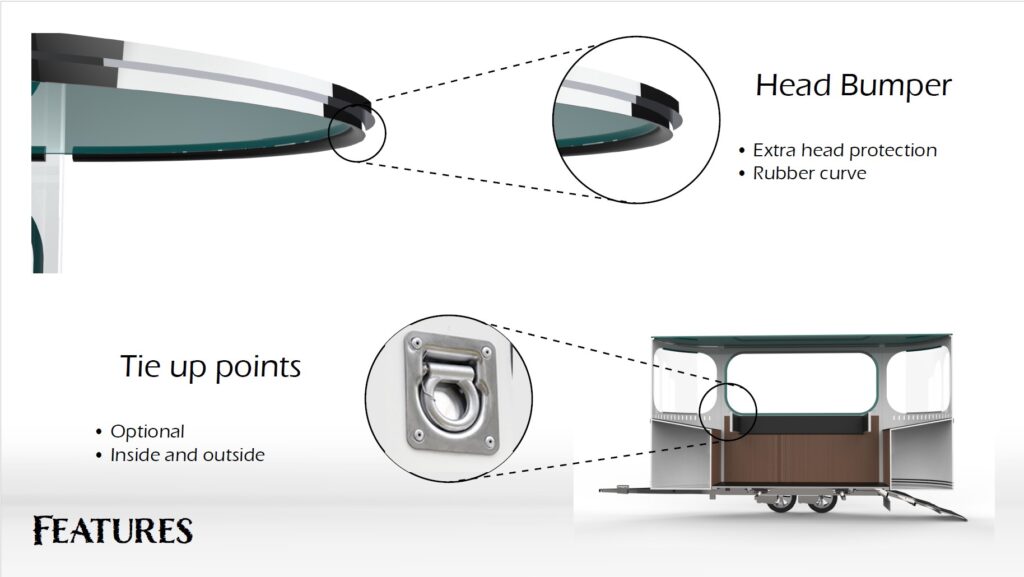 Extra internal features include cushioning on the roof, to protect against any head knocks, and recessed tie up points for securing the horse safely, without them getting tangled.